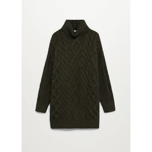 Mango Cable Knit Chunky Dress Braids Oversized Turtleneck Khaki - Picture 6 of 7